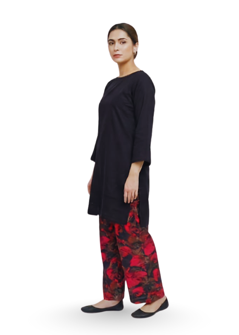 Jet Black Marina Kurti with Printed Trousers | Tooba Noor