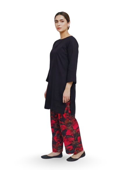 Jet Black Marina Kurti with Printed Trousers | Tooba Noor