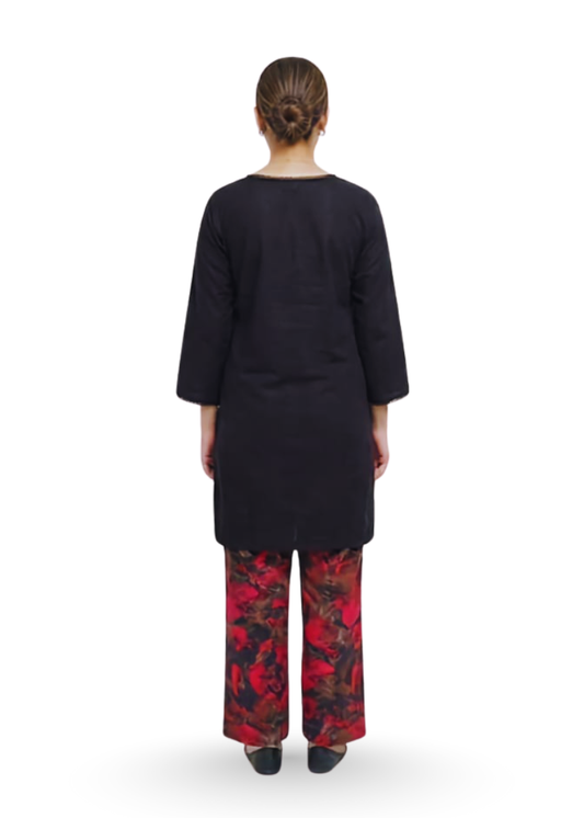 Jet Black Marina Kurti with Printed Trousers | Tooba Noor