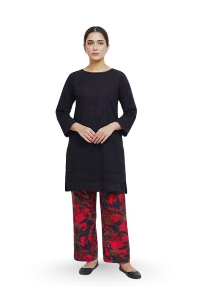Jet Black Marina Kurti with Printed Trousers | Tooba Noor