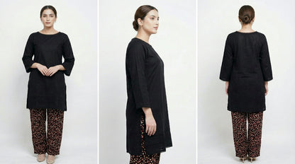 Jet Black Marina Kurti with dotted Stone Linen Trousers | Tooba Noor