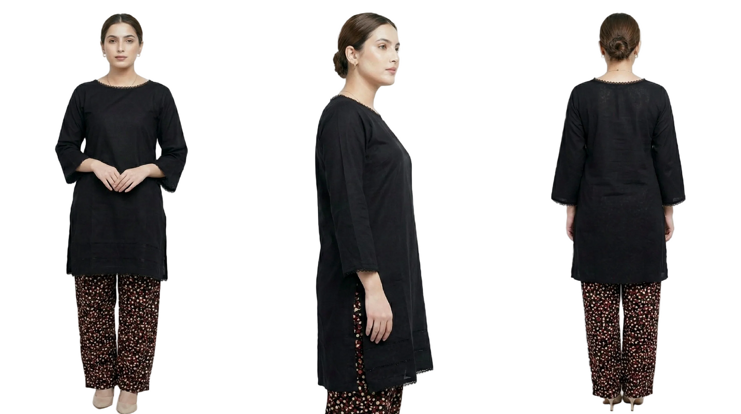 Jet Black Marina Kurti with dotted Stone Linen Trousers | Tooba Noor