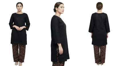 Jet Black Marina Kurti with dotted Stone Linen Trousers | Tooba Noor