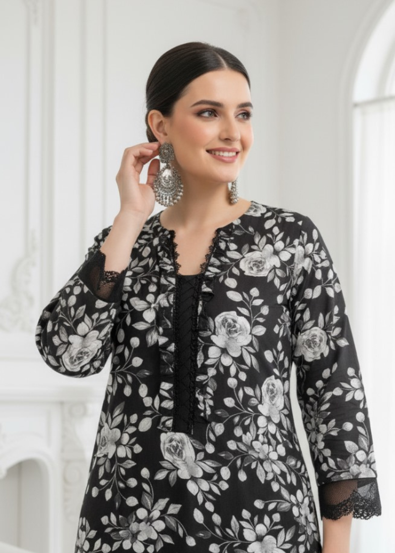 Exclusive linen lining Black & White Print | Tooba Noor