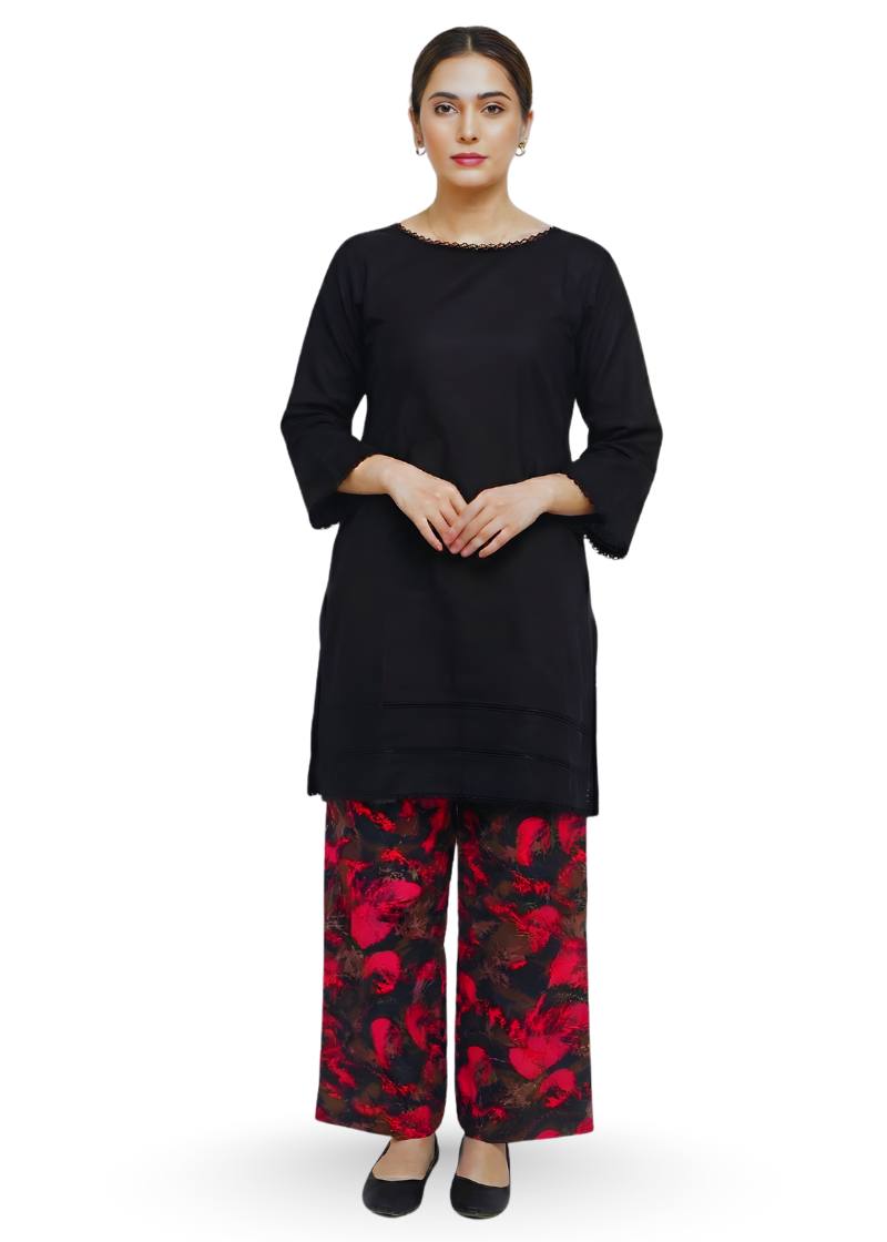 Jet Black Marina Kurti with Printed Trousers | Tooba Noor