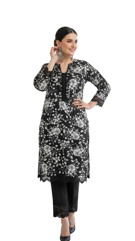 Exclusive linen lining Black & White Print | Tooba Noor