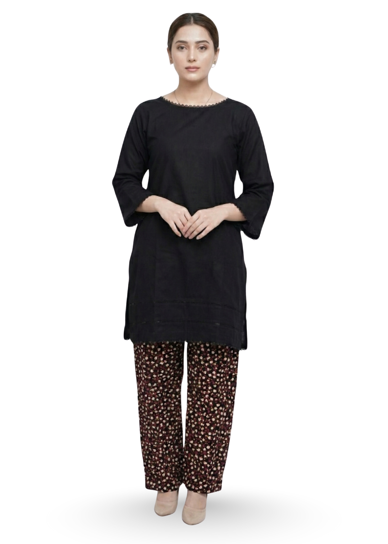 Jet Black Marina Kurti with dotted Stone Linen Trousers | Tooba Noor